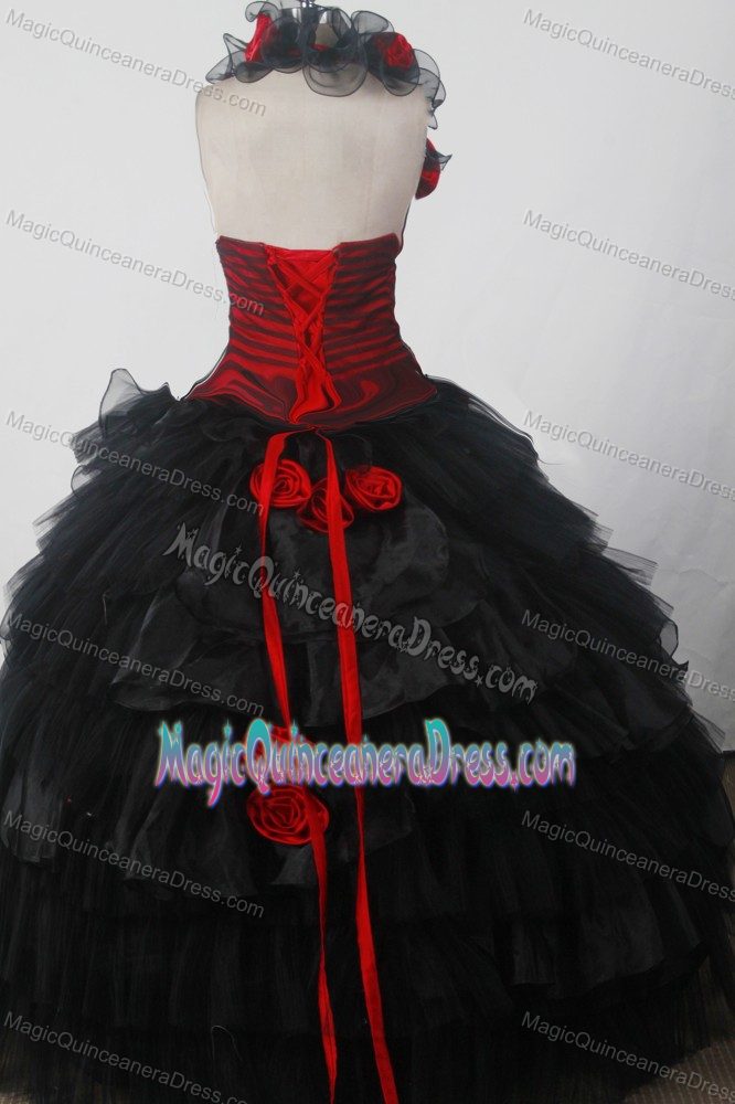 Halter Top Hand Made Flowers Black and Red Ruffles Quincenera Dress