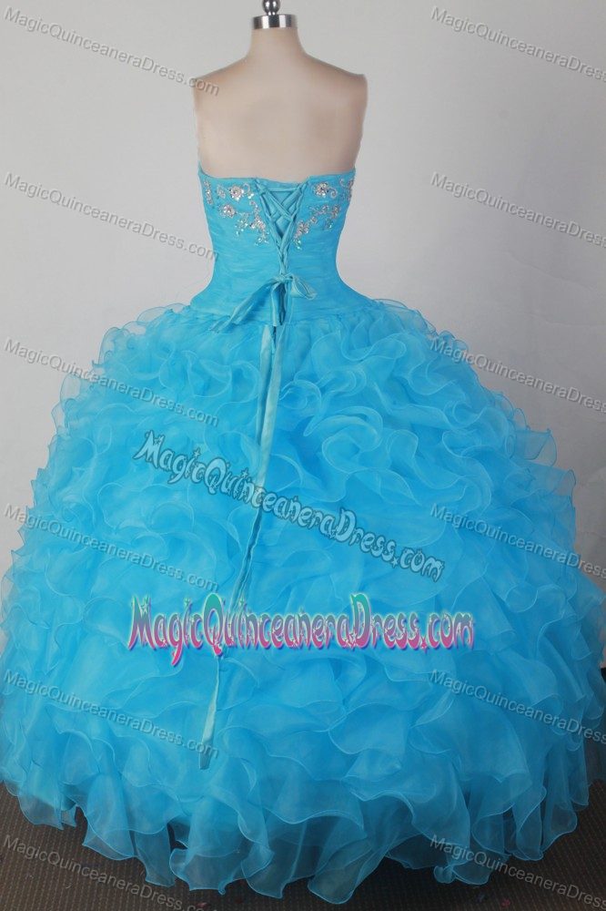 Aqua Blue Strapless Beading Ruffled Floor-length Sweet Sixteen Dresses