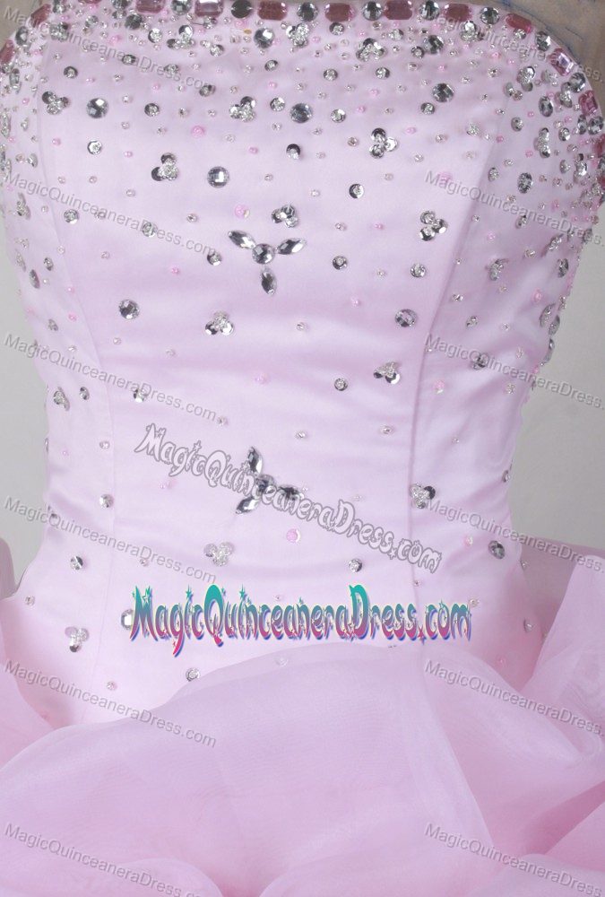 Beading Strapless Pick Ups Pink Lace Up Organza Quincenera Dresses