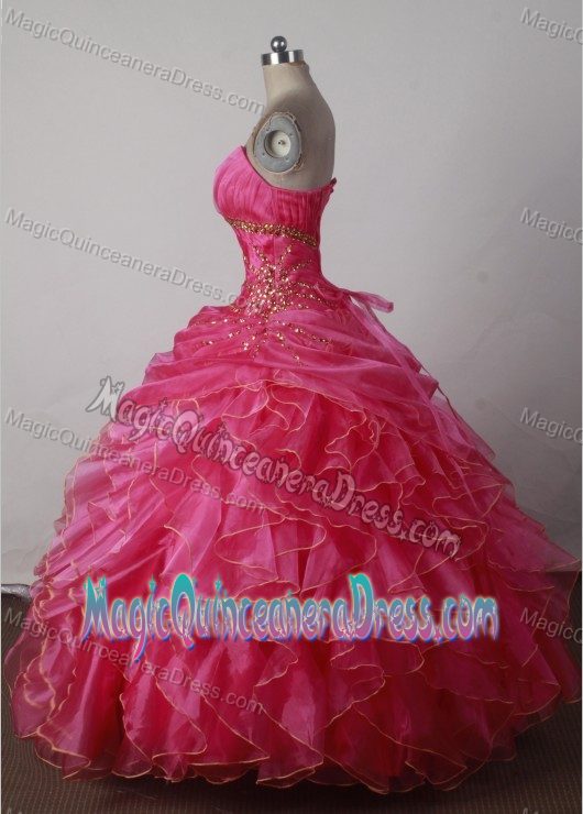 Strapless Hot Pink Beads and Ruffles Style Quinces Dresses in Akron for Beauty