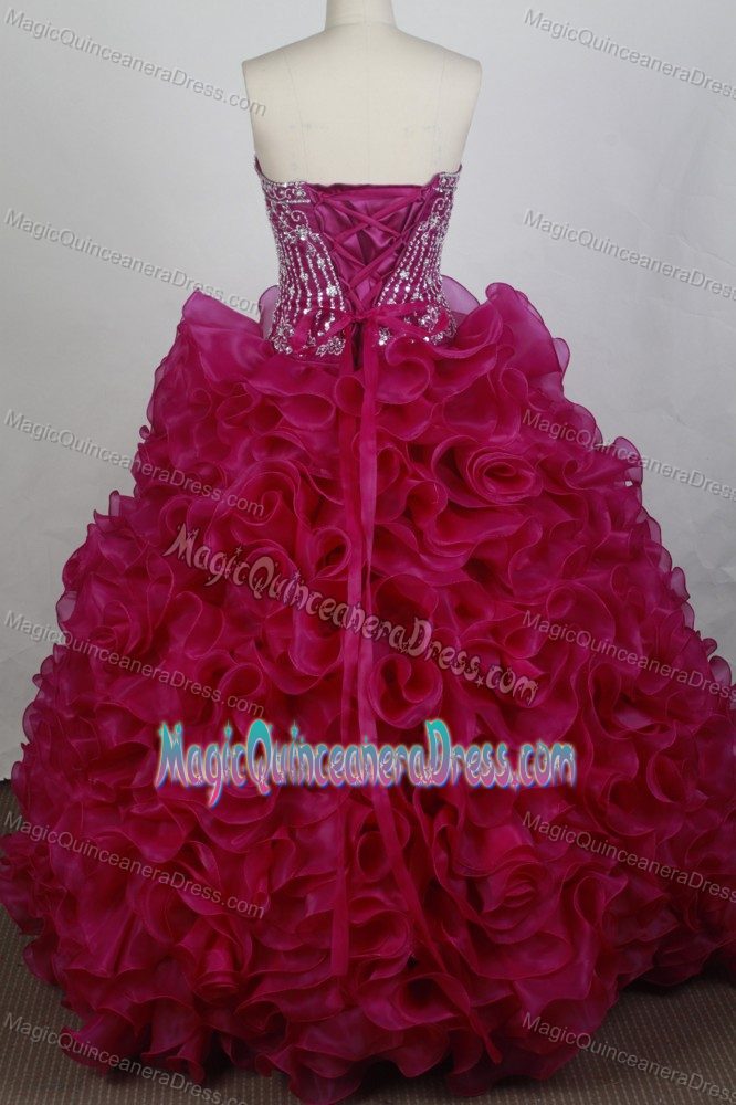 The Super Hot Fuchsia Strapless Ruffled and Beads Dress for Quince in Arlington