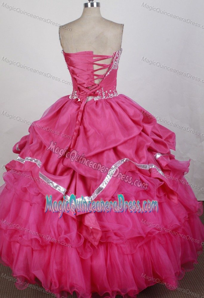 Popular Appliqued Beaded Hot Pink Ball Gown Sweet 15 Dress with Pick-ups