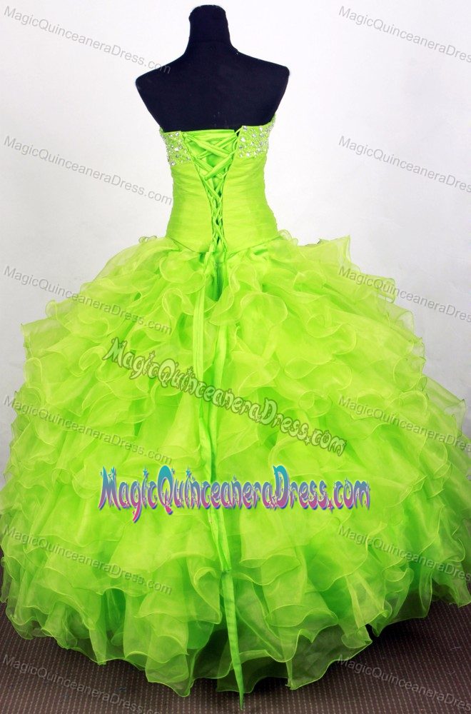 Famous Spring Green Ruffled Beaded Quinceanera Gown for Wholesale