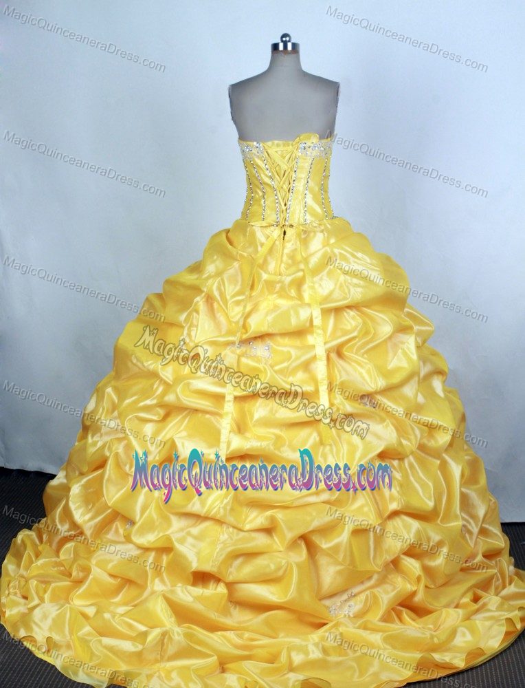 Pretty Brush Train Beaded Yellow Dress for Quince with Pick-ups on Sale