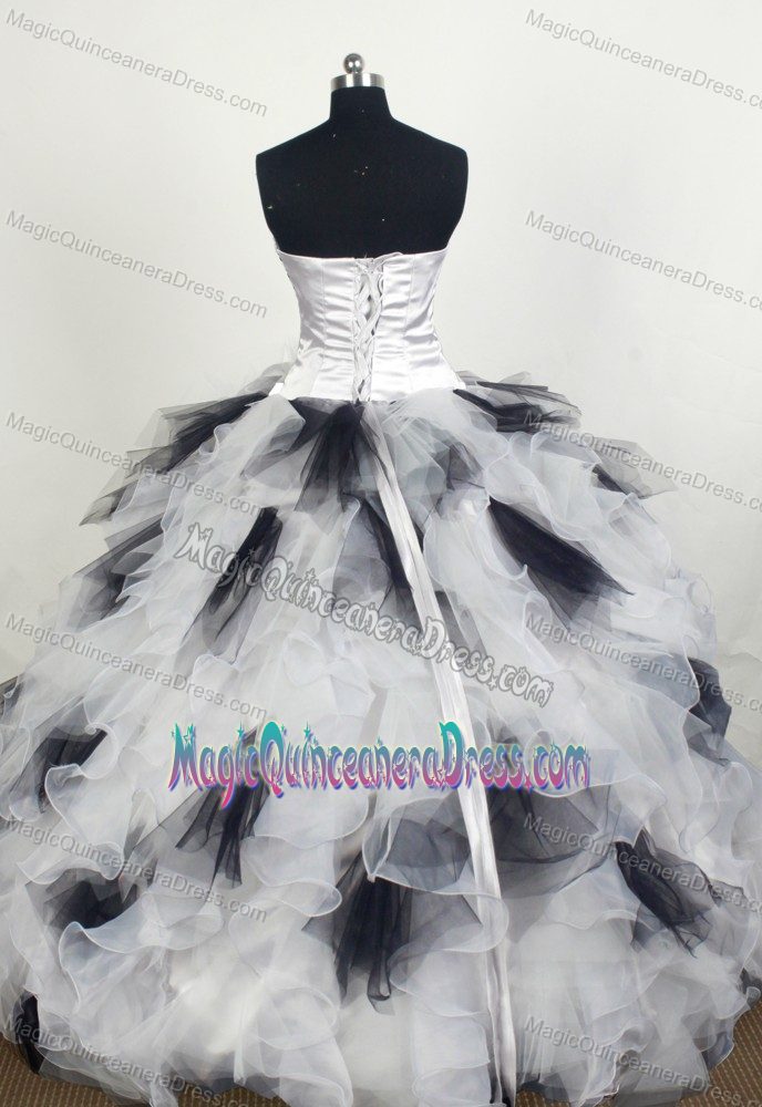 White and Black Ruffled Beaded Ball Gown Quinceaneras Dress for Wholesale