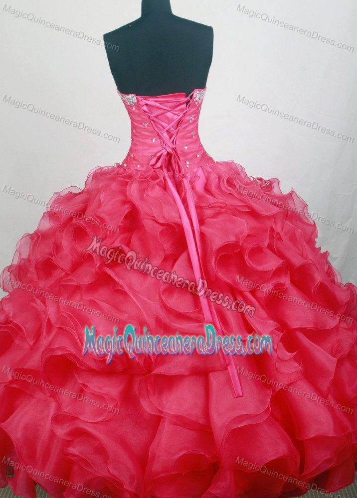 High-class Ruffled Beaded Coral Red Dress for Quinceanera on Big Discount