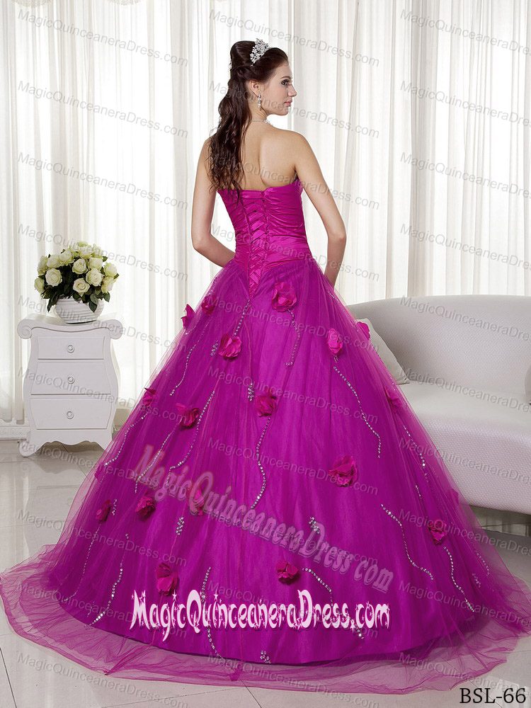A-line Sweetheart Brush Train Quinceanera Gowns with Handle Flowers