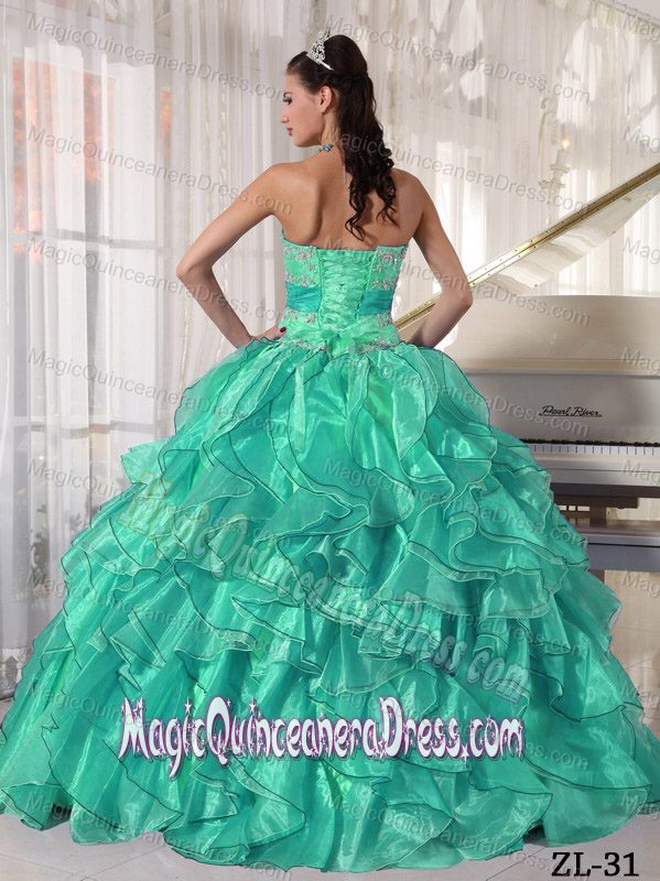 Turquoise Ruffles and Appliques Decorated Sweet 16 Quinceanera Dresses
