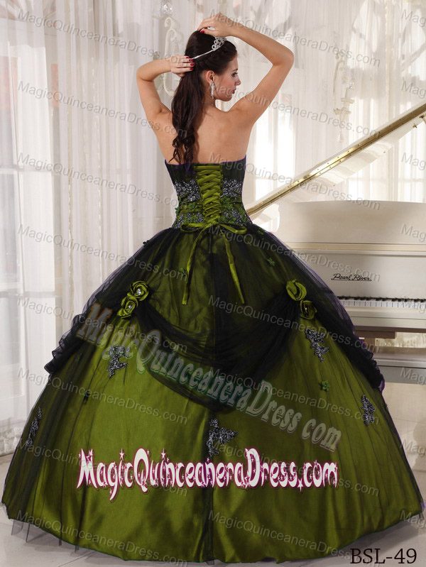 Olive Green and Black Sweet 15 Dress Decorated with Flower and Appliques