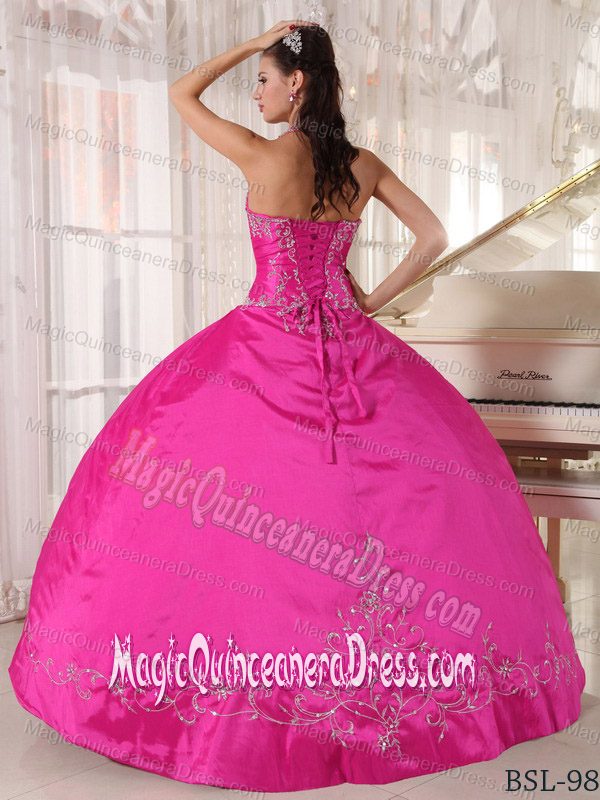 Hot Pink Halter Top Quinces Dresses with Beaded Embroidery near Alderson