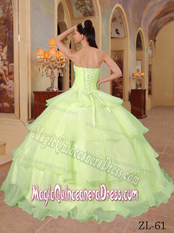 Beaded Flowers and Ruffled Layers Yellow Green Dress for Quince near Nitro