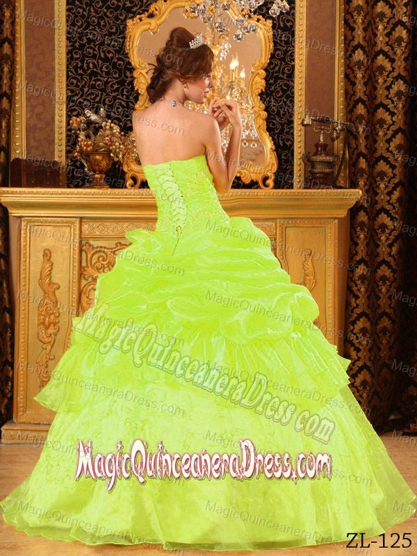 Yellow Green Sweet 15 Dresses with Pick Ups and Appliques near Hico