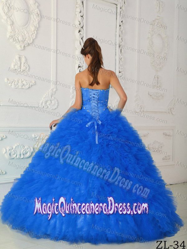 Blue Puffy Beaded Quinceaneras Dress with Small Ruffles near Harrisville