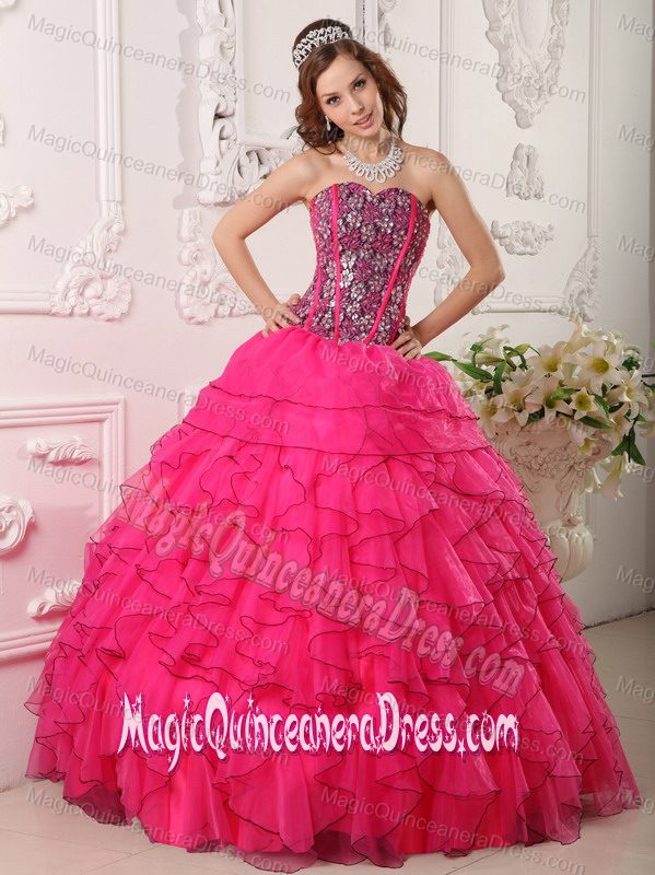 Ruffles and Sequins Organza Quinceanera Dresses in Hot Pink in Davis USA