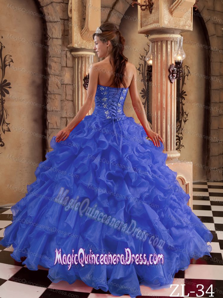Blue Sweetheart Beaded and Ruched Ruffled Dress For Quinceanera in Ripley