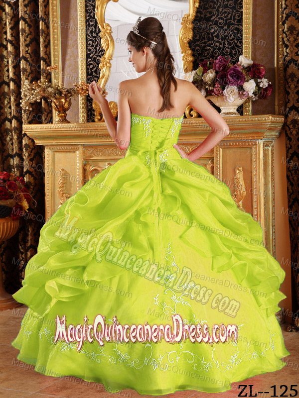 Cheap Yellow Green Ruche Sweet 16 Dress with Pick Ups and Embroidery