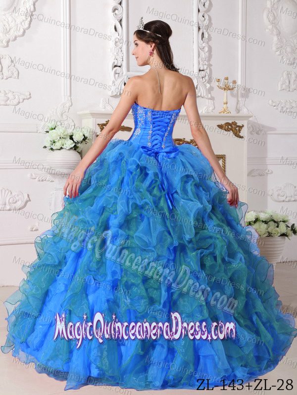 Embroidery and Ruffles Decorated Blue Puffy Quinceanera Gown in Athens