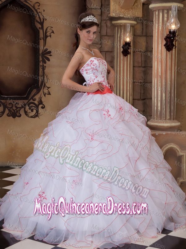 Ruffles and Embroidery Decorated White Quinces Dresses in Charleston WV