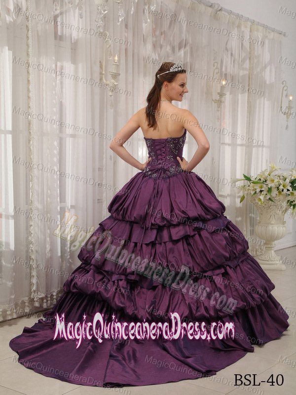 Purple Sweetheart Taffeta Quinceanera Dress with Appliques and Pick-ups
