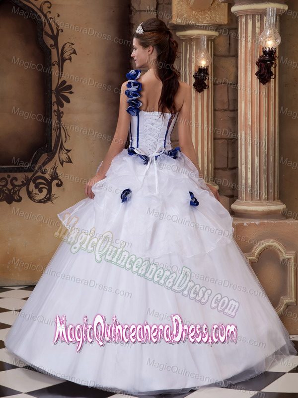 White One Shoulder Flowers and Pick Ups Puffy Quinceanera Gown Dresses