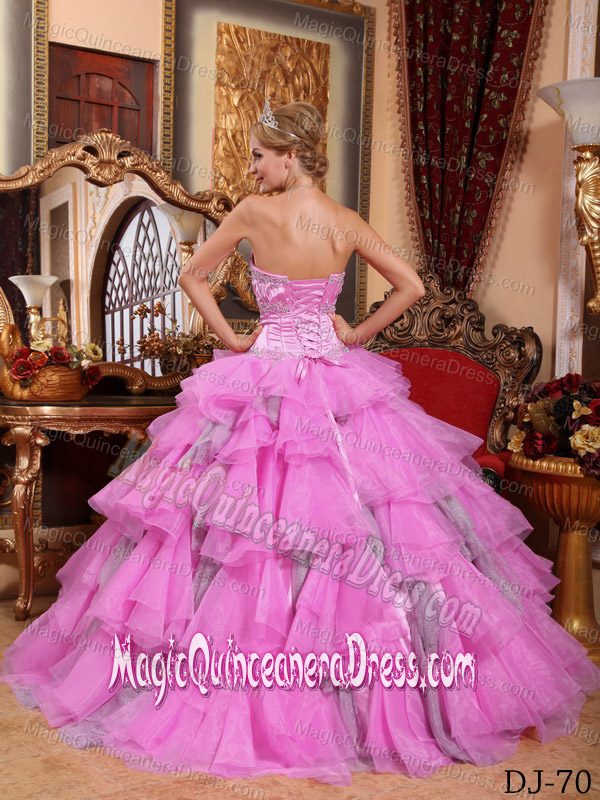 Rose Pink Beading Ruche and Ruffled Layers Quinceanera Dress in Bellevue