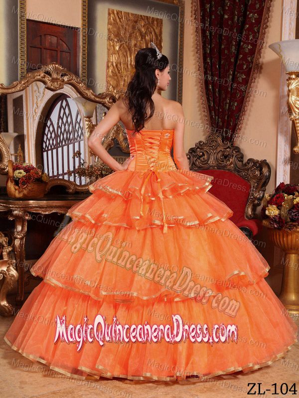 Cute Orange Red Strapless Ruffled Organza Quinceanera Dress with Bownot