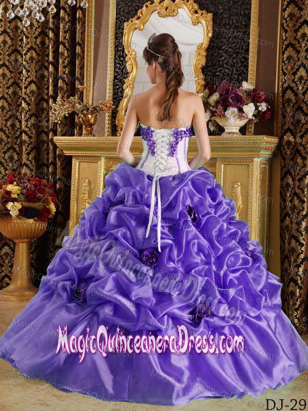 Long Purple Sweetheart Organza Hand Made Flowers Quinceanera Dresses