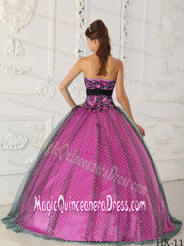 Fuchsia Strapless Taffeta and Tulle Beading and Appliques Quince Dresses