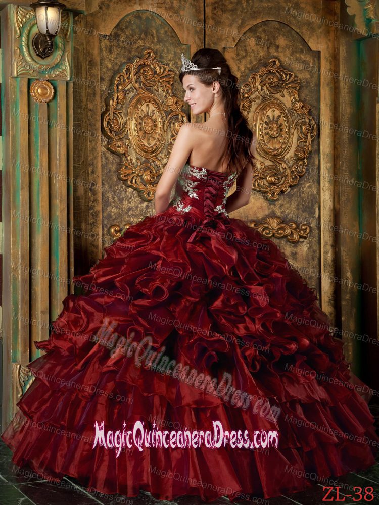 Wine Red Strapless Ruffles and Beading Organza Quinceanera Gown Dress