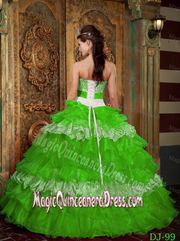 Spring Green Strapless Organza and Zebra Ruffled Sweet Sixteen Dresses