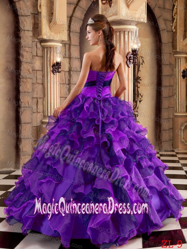 2014 Purple Strapless Floor-length Organza Ruffles Quinceanera Gown Dress