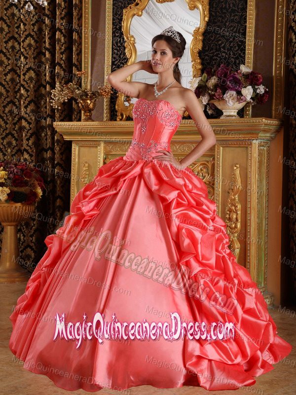 2013 Hot Watermelon Red Sweetheart Embroidery and Beading Quince Dress