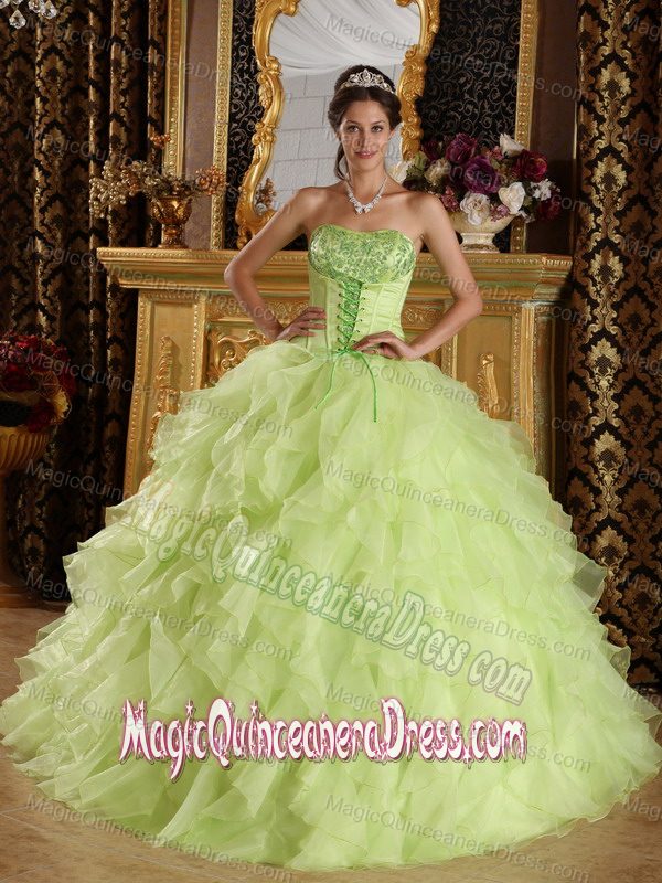 Strapless Embroidery and Beading Yellow Green Dress for Sweet 15 in Burlington