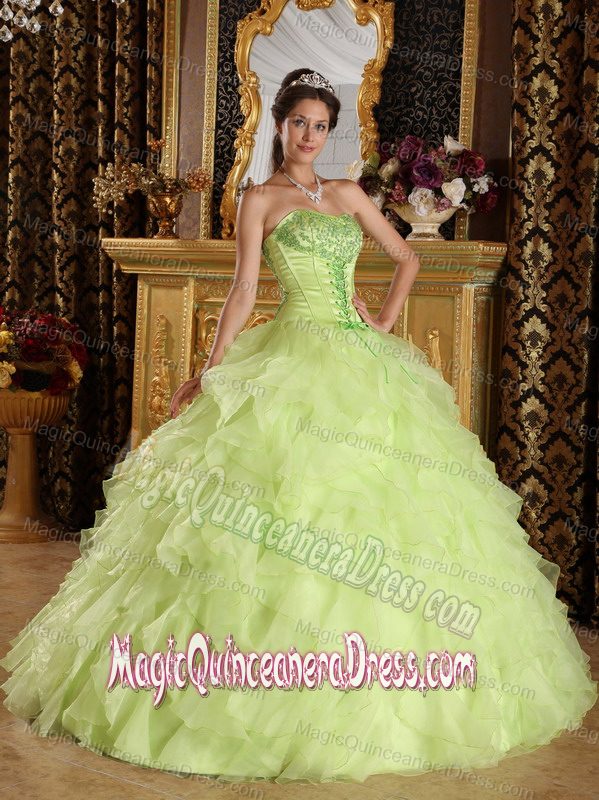 Strapless Embroidery and Beading Yellow Green Dress for Sweet 15 in Burlington