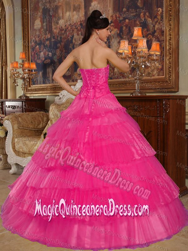 Floor-length Organza Appliques Hot Pink Strapless Quinceanera Dress in Sandy