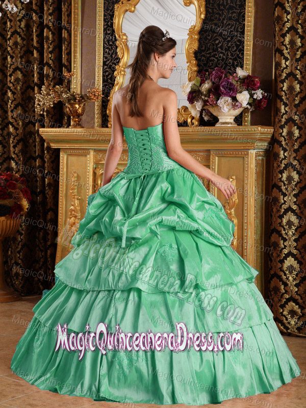 Long Apple Green Ball Gown Strapless Taffeta Beading Quinceanera Dress