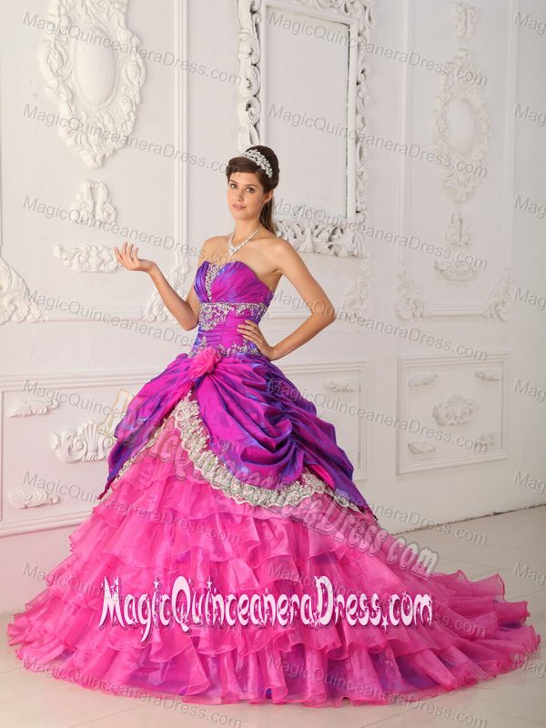 Hot Pink Strapless Ruffled Layers and Appliques Quinceanera Dress with Train