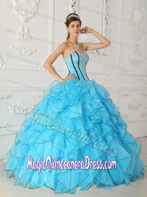 New Baby Blue Strapless Organza Sweet 15 Dresses with Ruffles and Appliques
