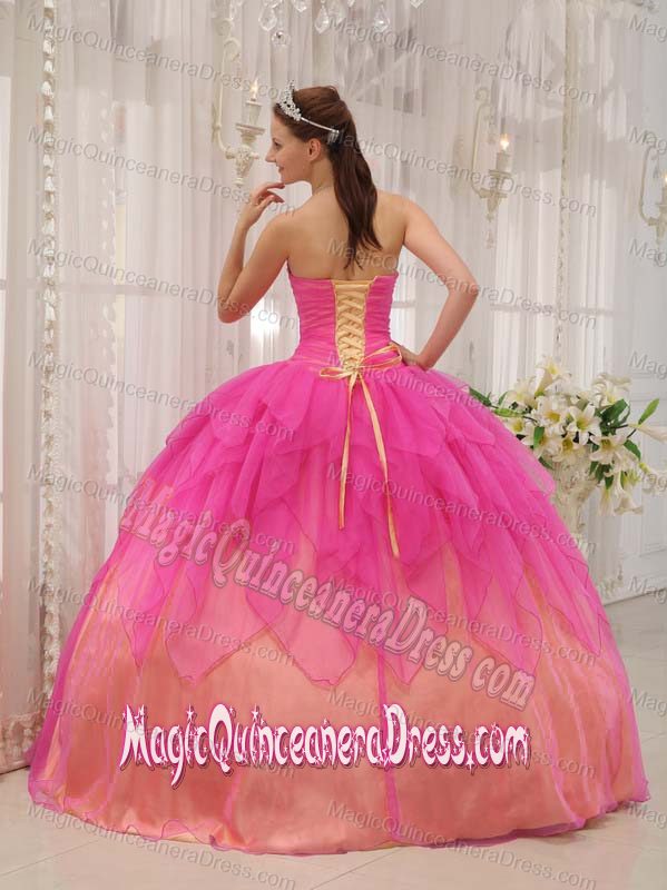 Hot Pink Strapless Ruched Quinceanera Dress with Beading and Flower in Waco