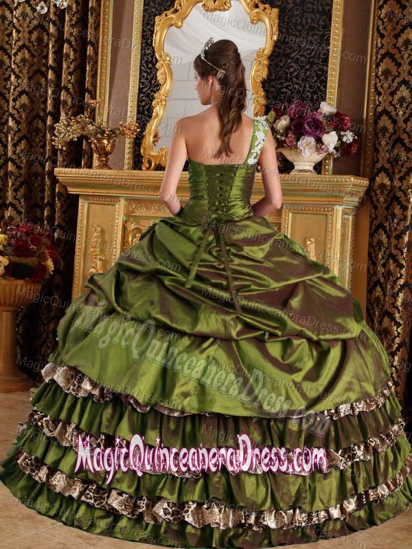 Olive Green One Shoulder Appliques and Ruffled Layers Dress for Quince in Plano