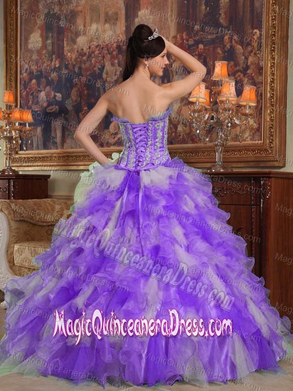 Long Strapless Purple Organza Appliques Quinceanera Dress in Flower Mound
