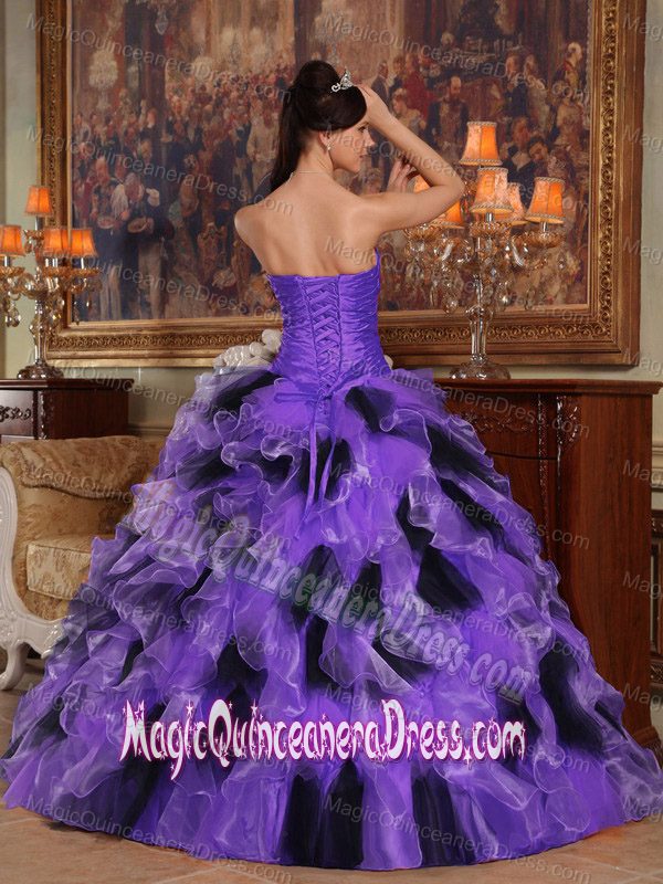 Hot Strapless Purple and Black Beaded and Ruffled Organza Dress for Sweet 15