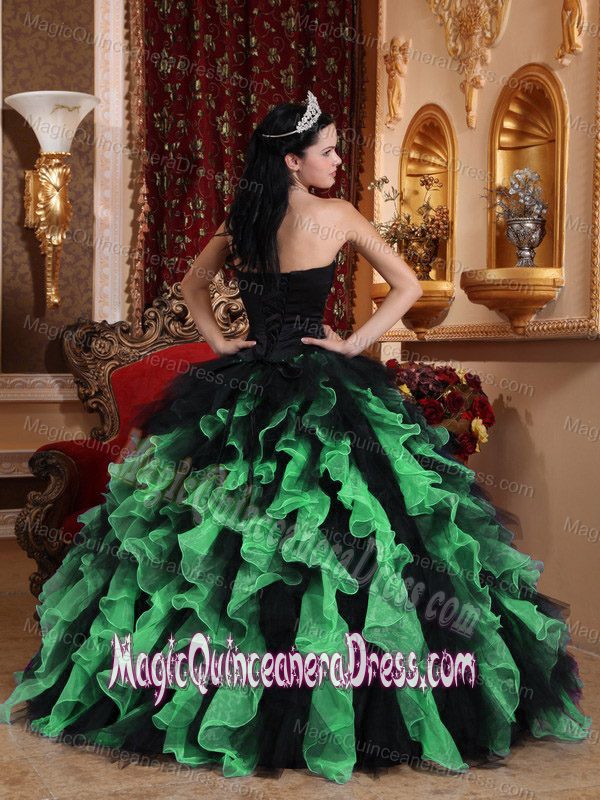 Black and Green Sweetheart Ruffles and Beading Quince Dresses in Denton