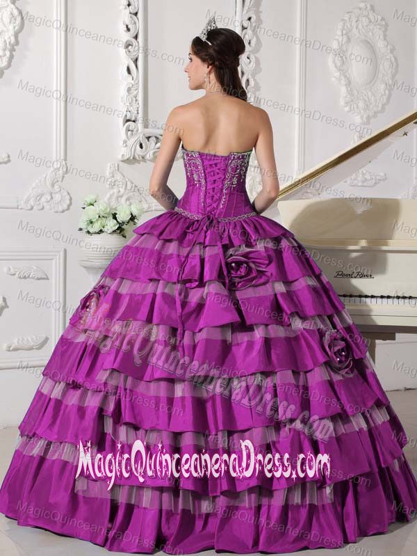 Flowery Fuchsia Sweetheart Quince Dress with Embroidery and Ruffled Layers