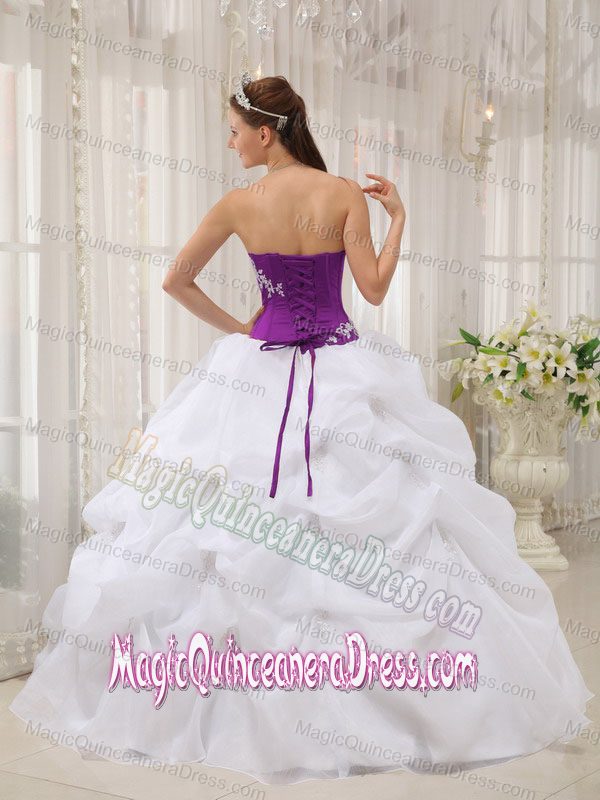 Formal White and Eggplant Purple Strapless Appliques Organza Sweet 16 Dress