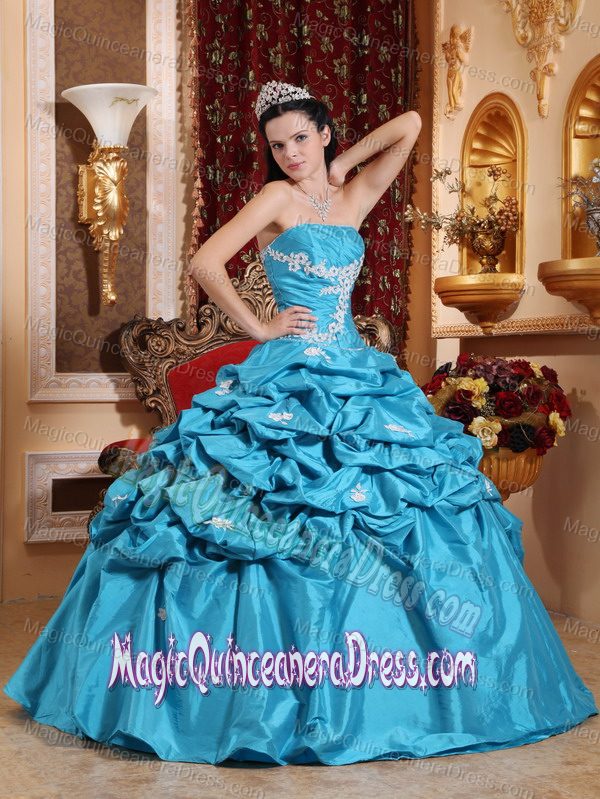 Long Aqua Blue Strapless Taffeta Appliques Quinceanera Gown Dress in Austin