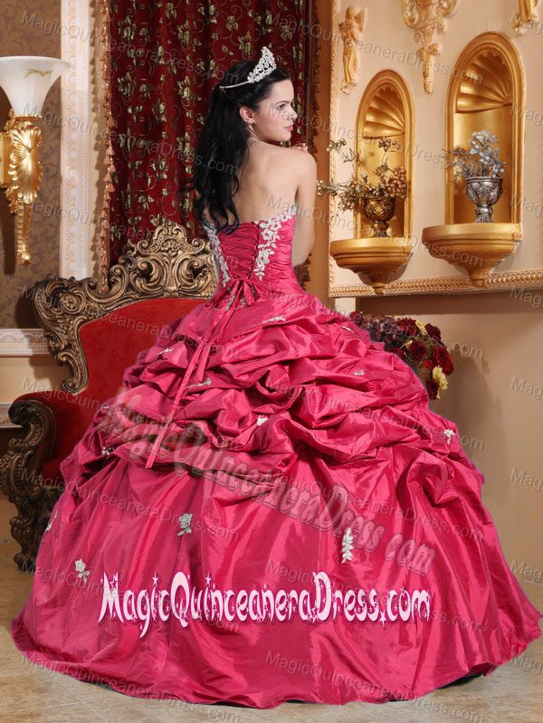 New Strapless Coral Red Taffeta Appliques Quinceanera Gown in Amarillo TX