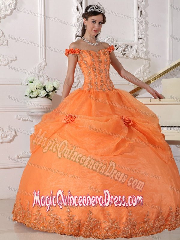Orange Off The Shoulder Sweet 15 Dress with Appliques and Hand-made Flower
