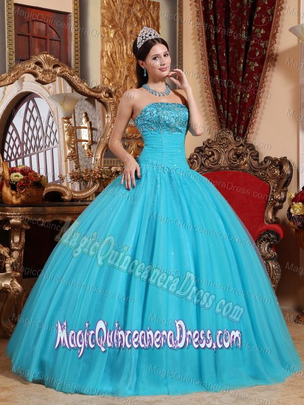 Discounted Strapless Embroidery and Beading Aqua Blue Dress for Sweet 15