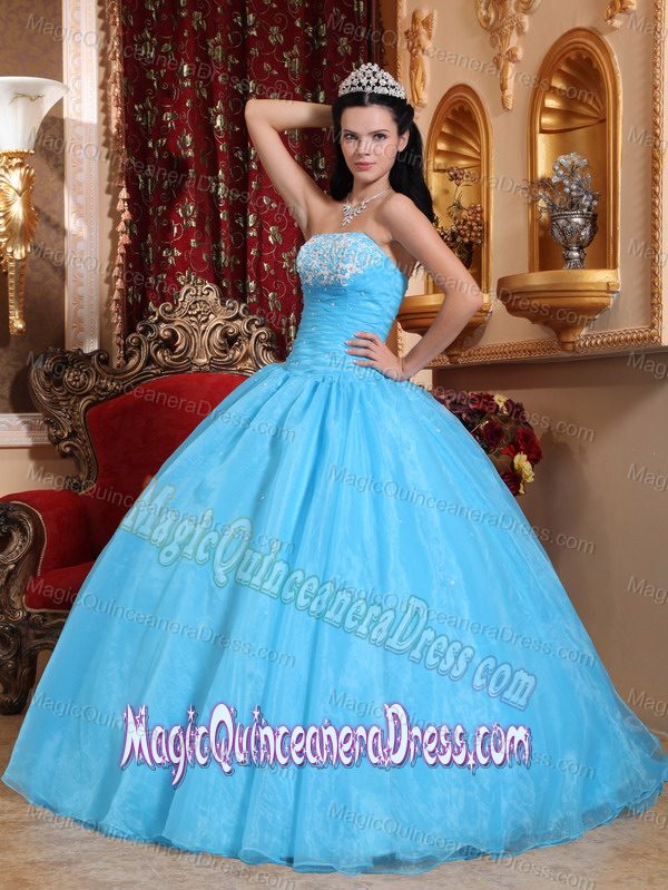 Pretty Baby Blue Strapless Appliques Quinceanera Dress with Organza Fabric